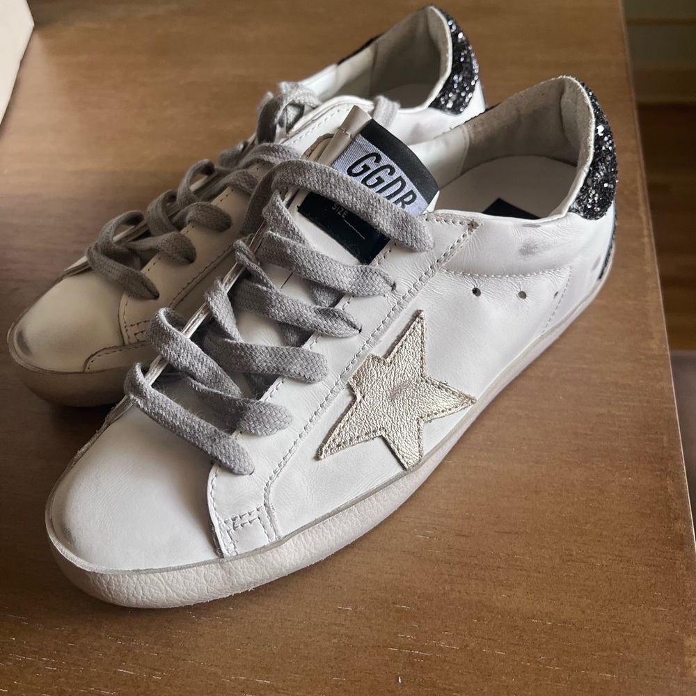 Brand New- Golden Goose White and Black Glitter Sneakers